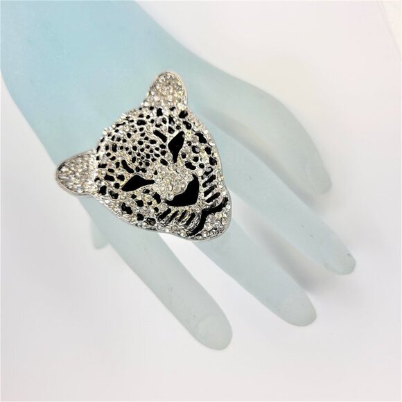 SILVER Leopard Head Statement Ring Fashion Rhinestones Stretch Adjustable Ring - Picture 2 of 9